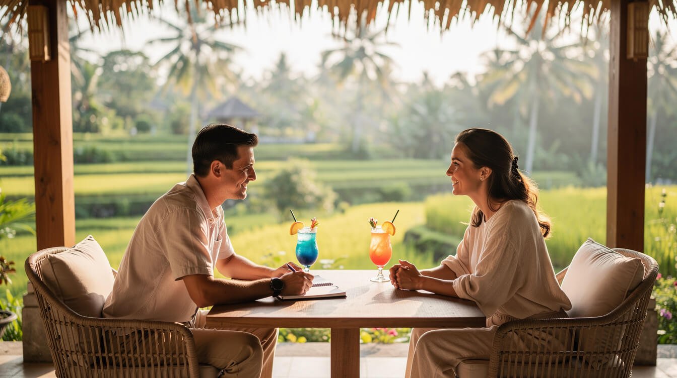 Villa manager and guest conversation on a tropical terrace
