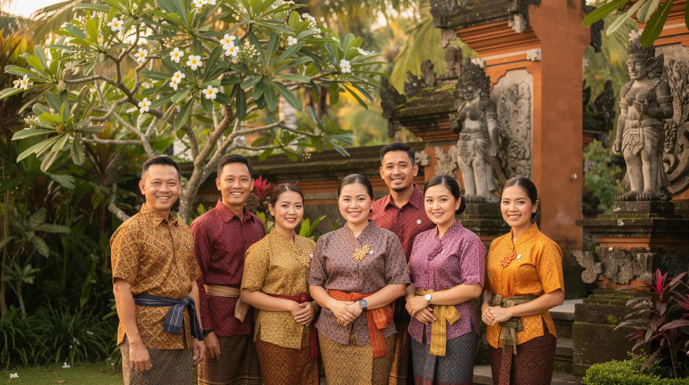 Villa team members in tropical garden at a staffed villa in Ubud