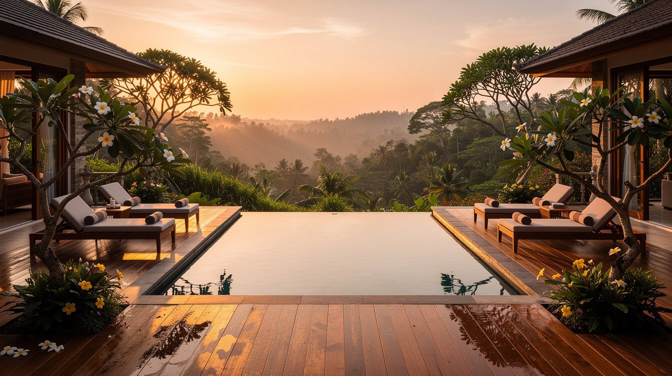 Villa Amrita pool deck at sunset in Ubud