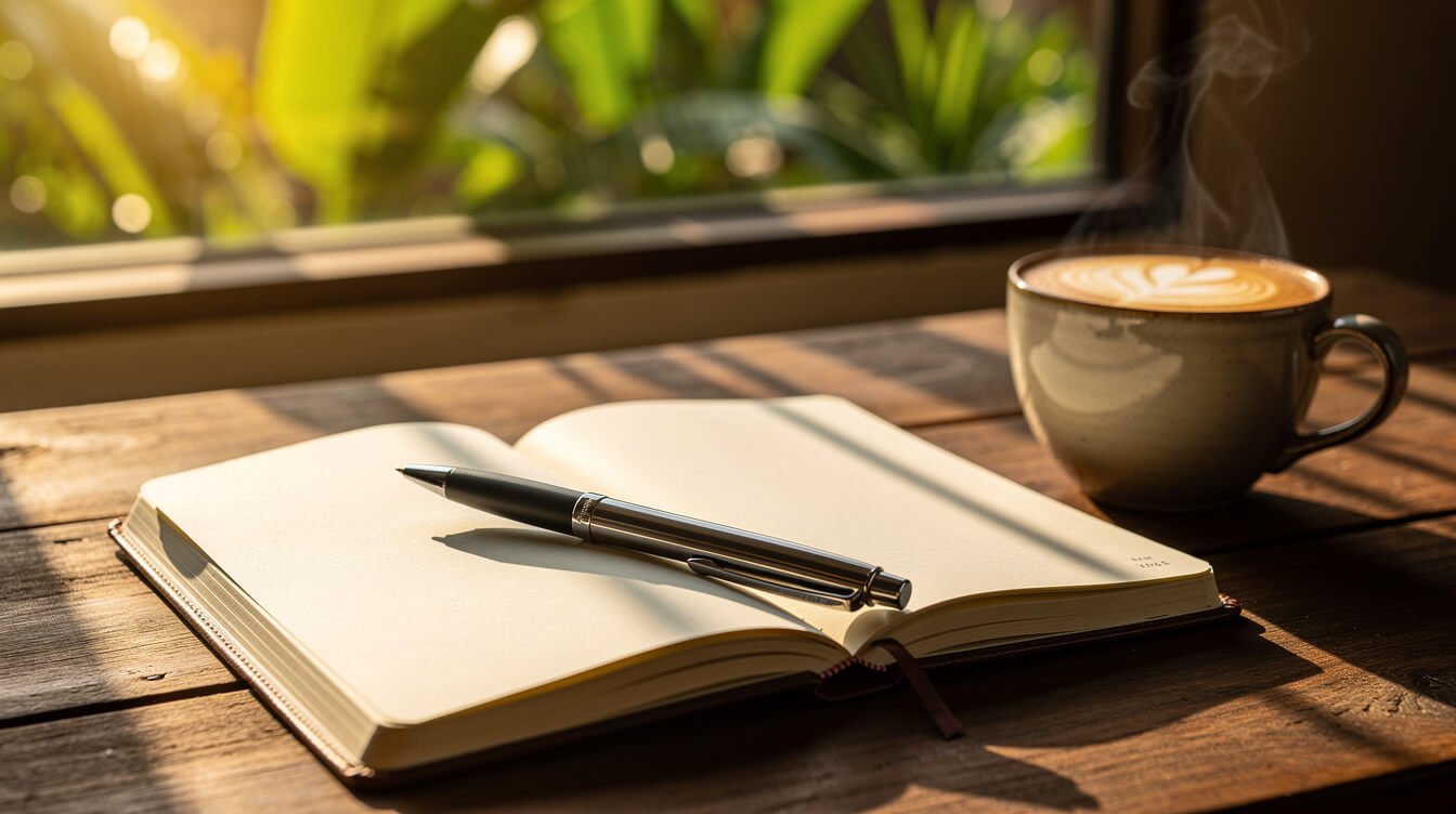 Open notebook with tropical leaves and Bali coffee