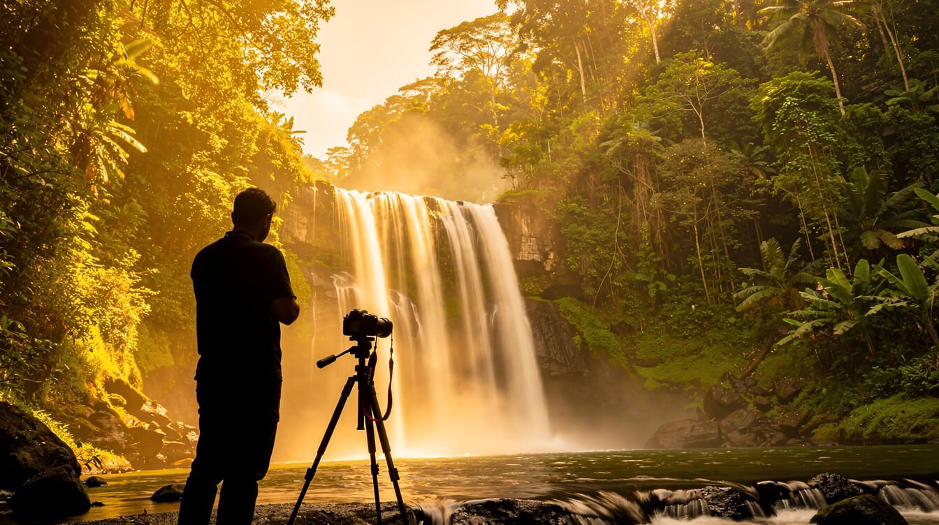 Golden hour photography at Bali waterfall