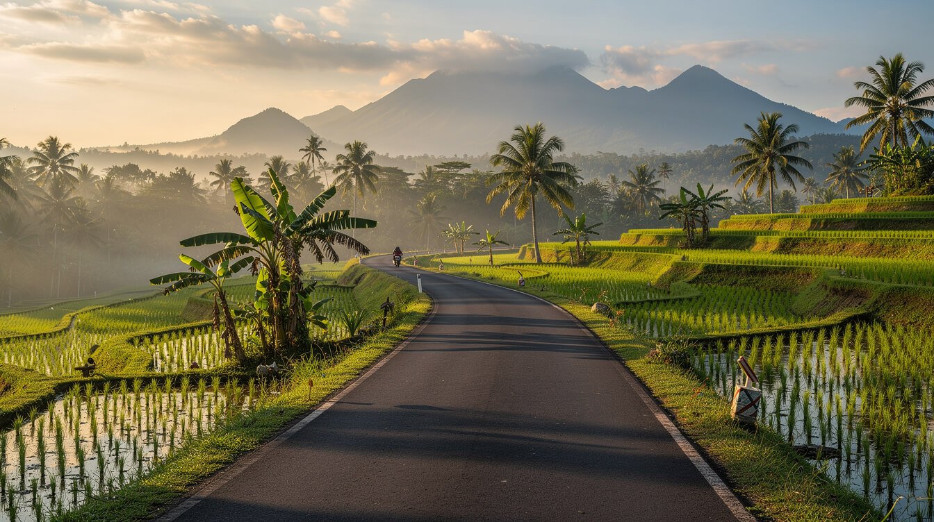 Road through Bali rice fields heading toward Tegenungan waterfall from Ubud
