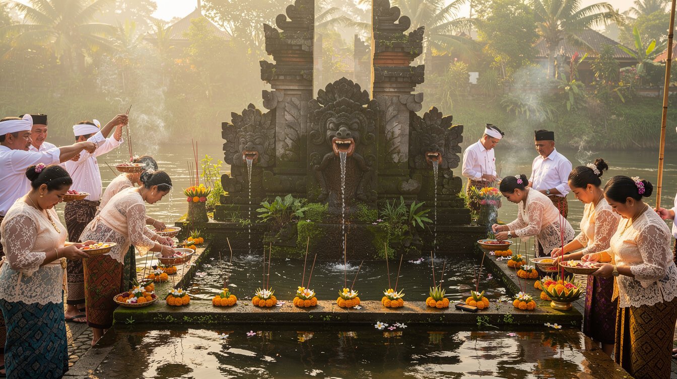Balinese sacred water ceremony at a river temple