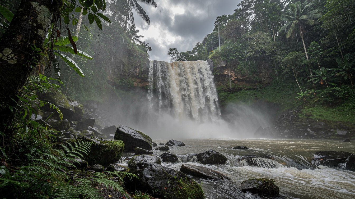 Bali waterfall in wet season with powerful water flow