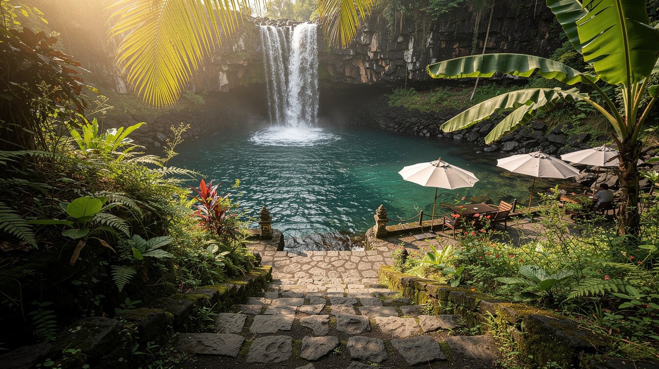 Stone staircase descending to Tegenungan waterfall pool