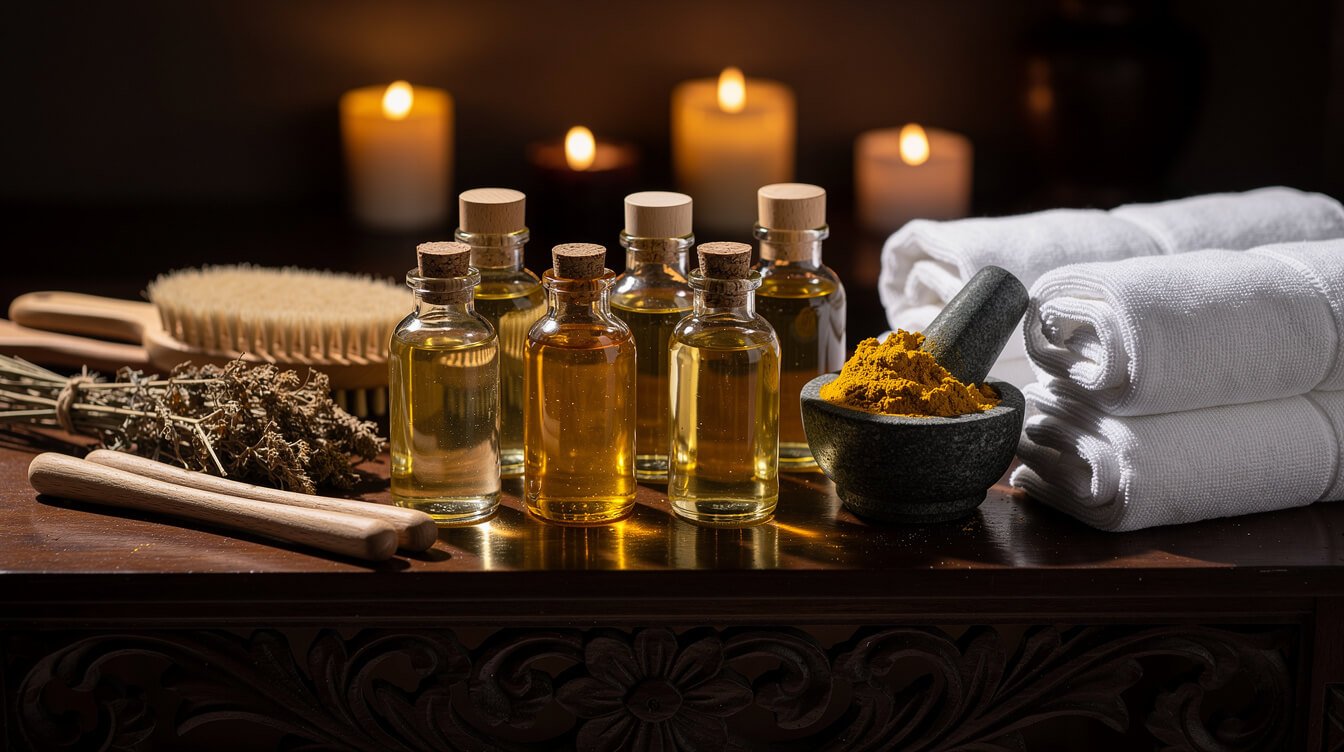 Spa tools and oils at a traditional Ubud spa