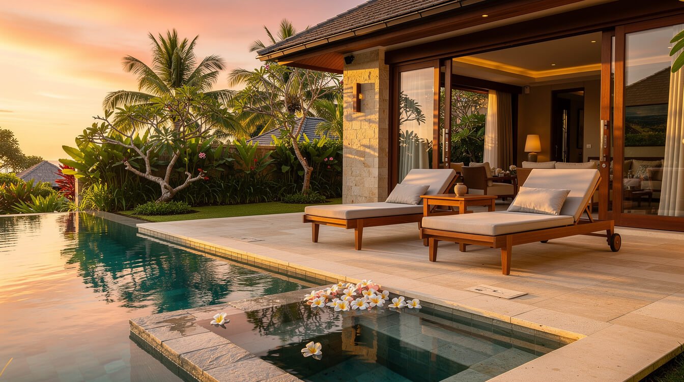 Villa Amrita pool deck golden hour