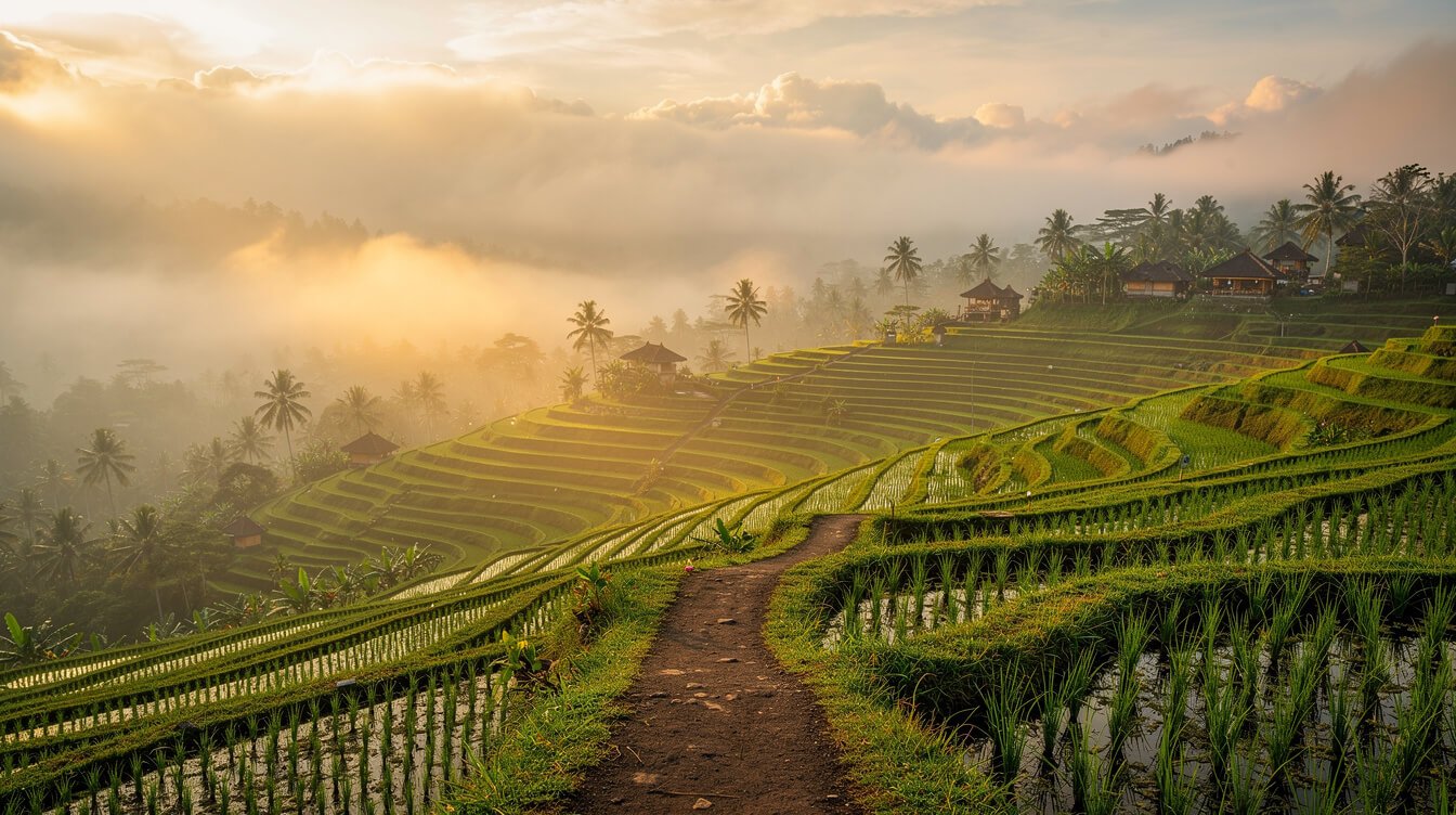 Ubud rice terraces morning mist