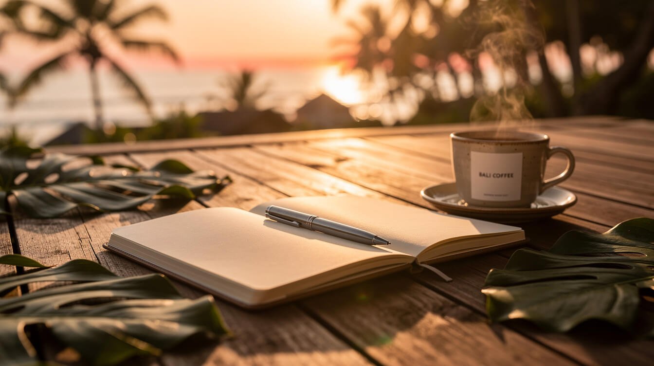 Open notebook on tropical deck Bali