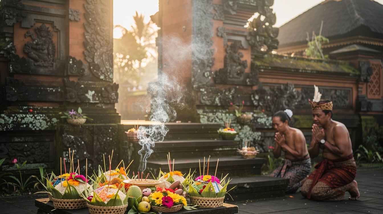 Balinese temple ceremony with offerings and incense
