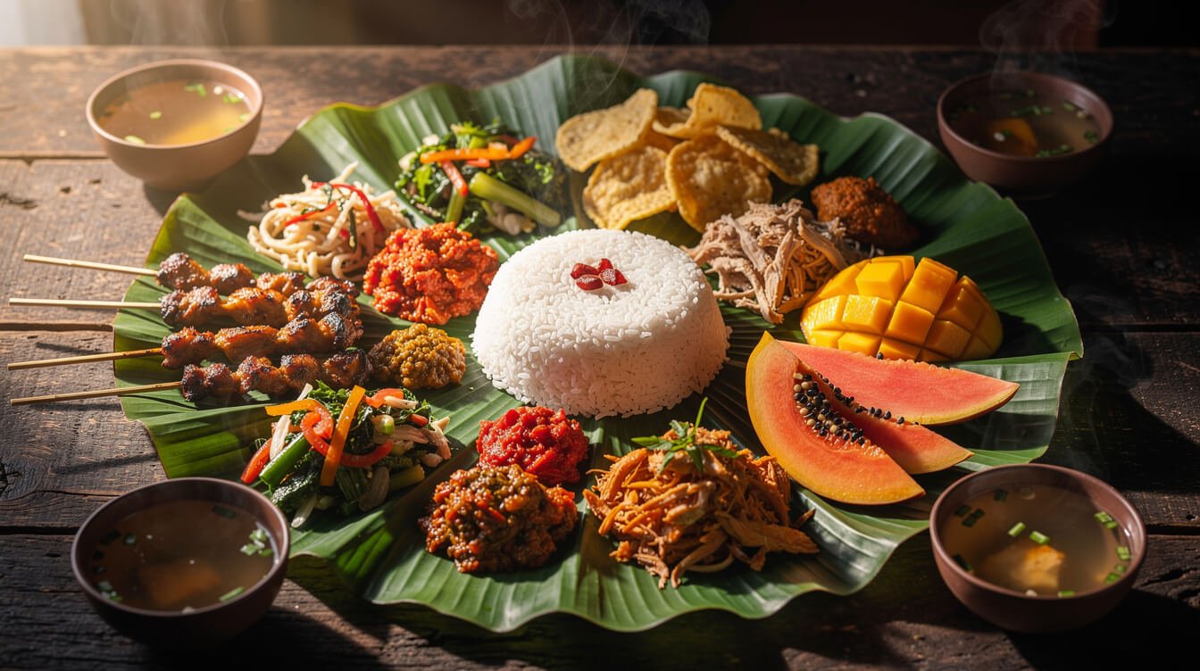 Balinese nasi campur traditional food spread