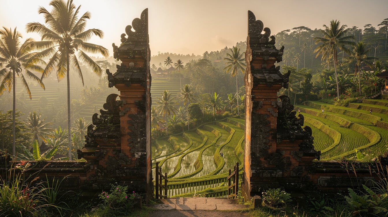Bali rice terrace panorama with temple gate