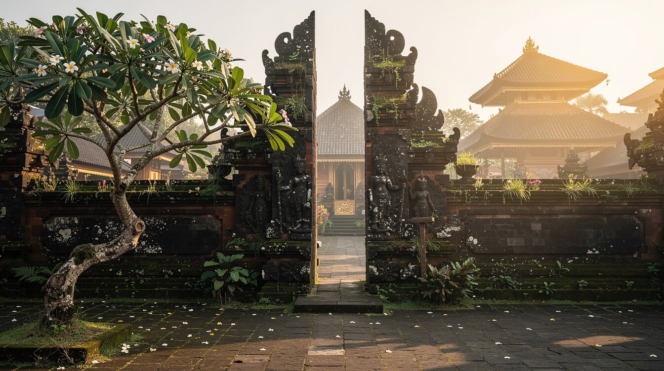 Quiet ancient Balinese temple courtyard with stone carvings