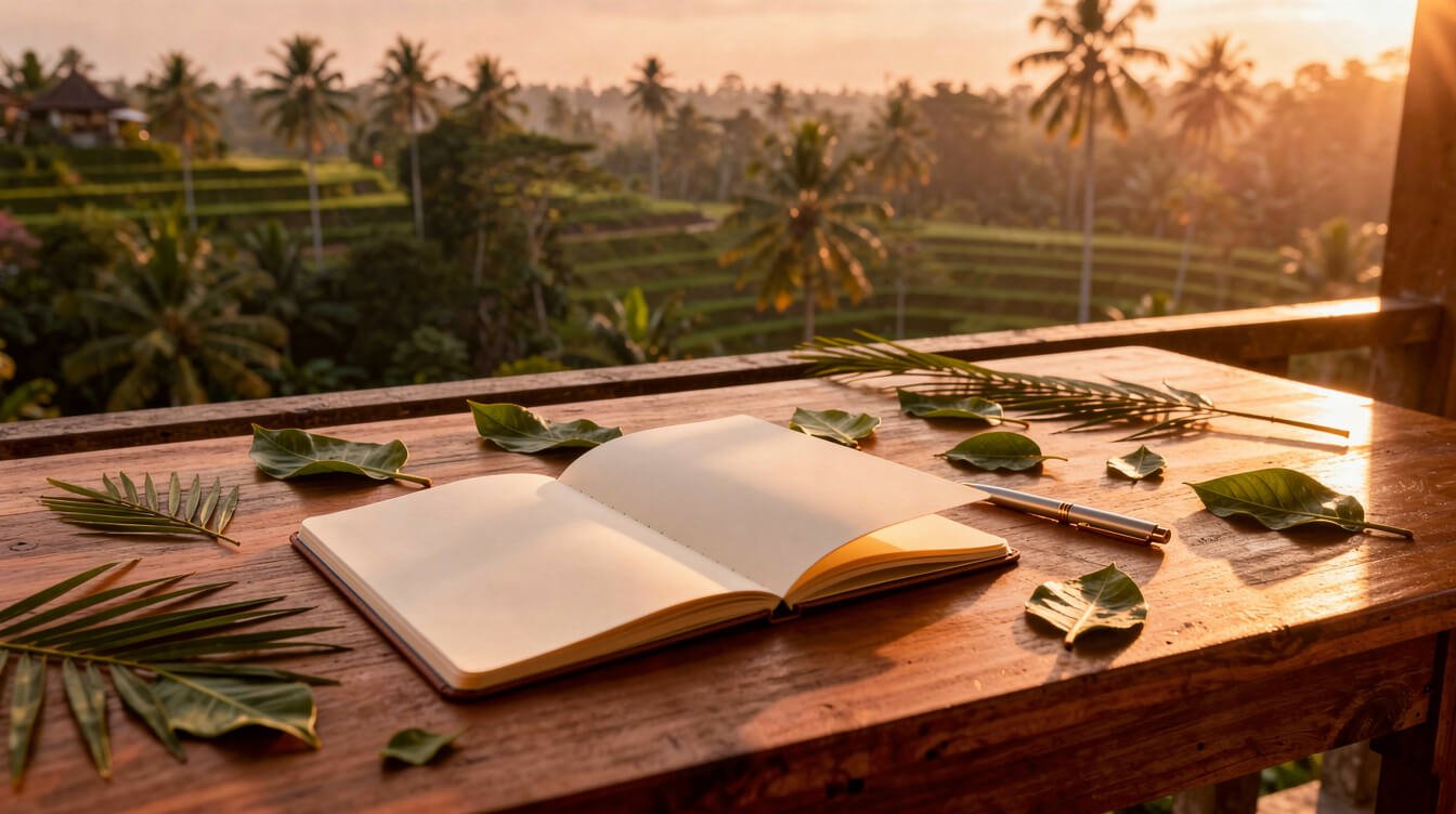 Open notebook with tropical leaves sunset deck