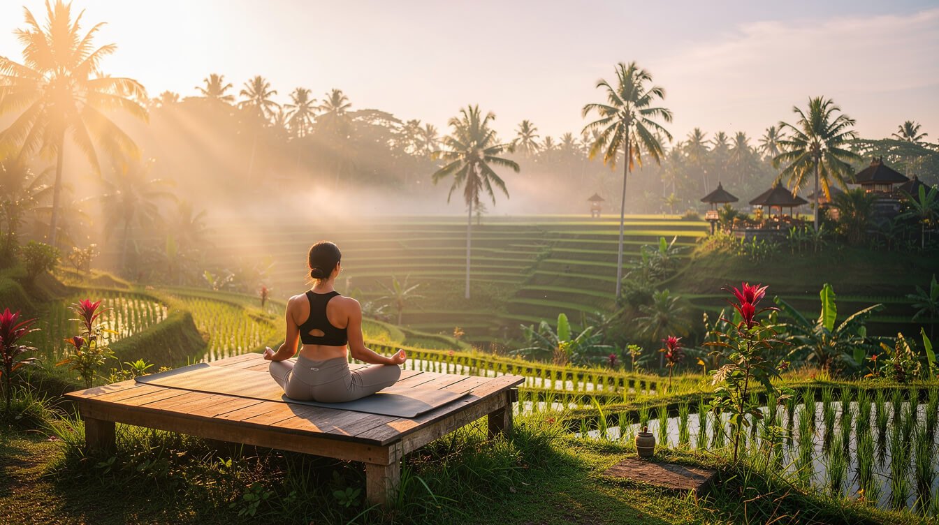 yoga session overlooking Ubud rice terraces