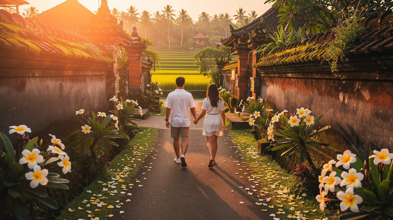 couple walking through Ubud village golden hour
