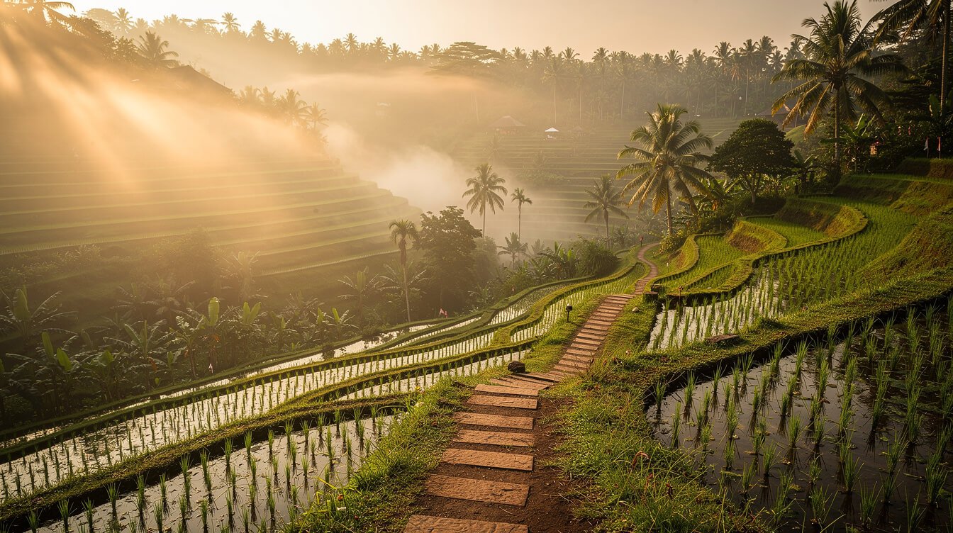 Misty Ubud rice terraces at sunrise