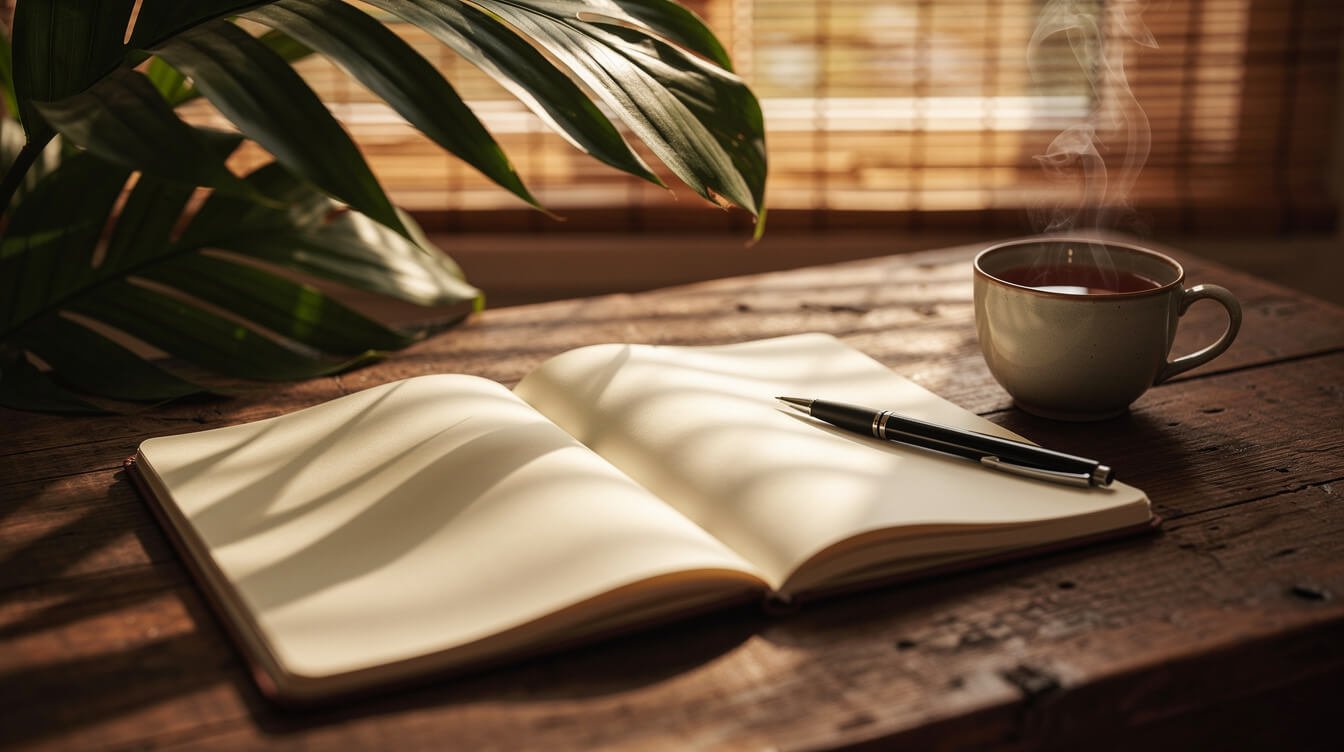 Notebook and tea on tropical table in Ubud