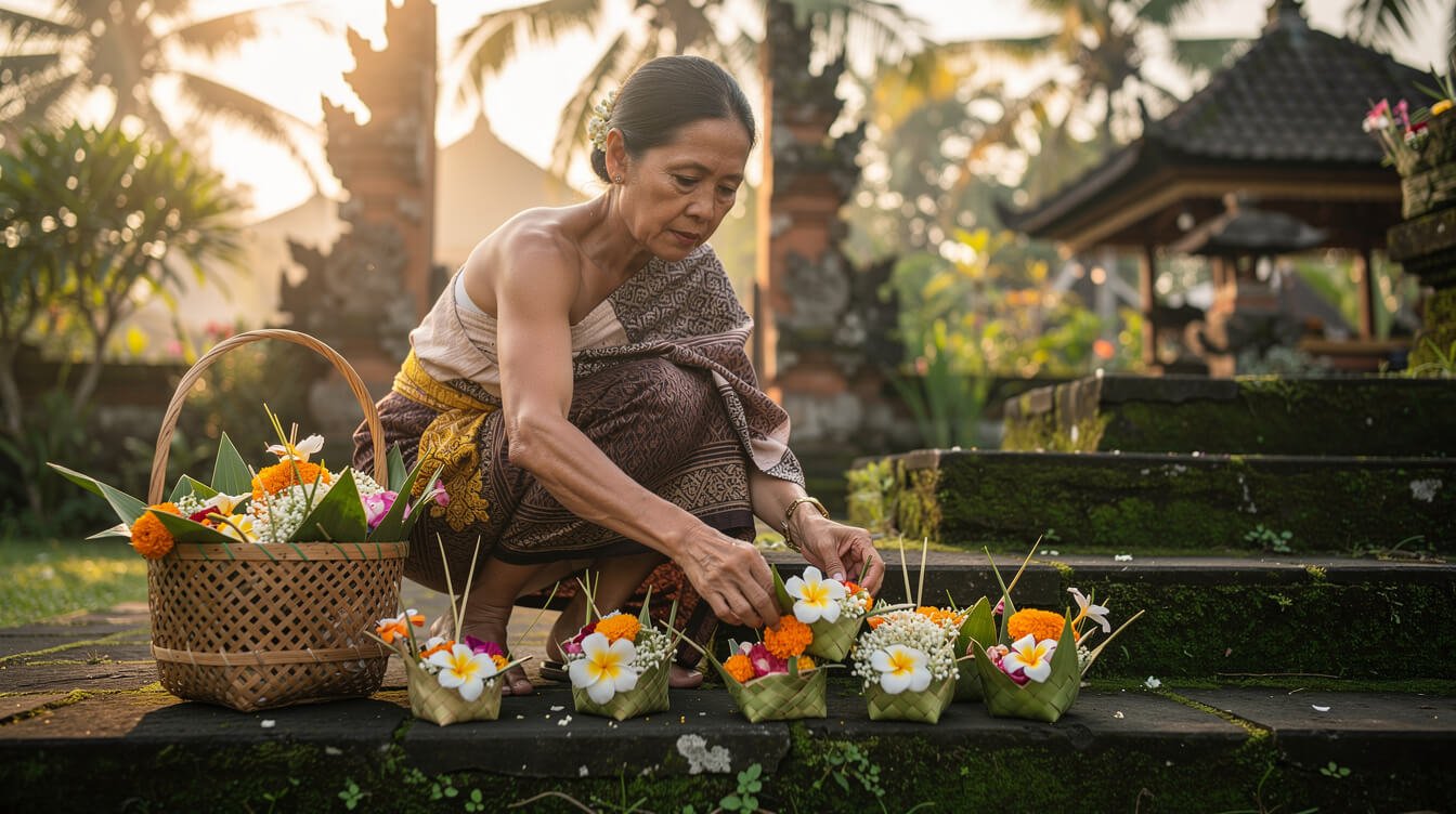 Balinese woman arranging offerings in Ubud morning