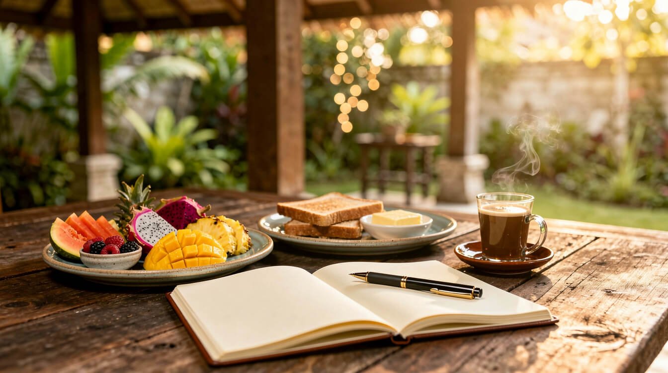 travel planning notebook with tropical breakfast in Ubud