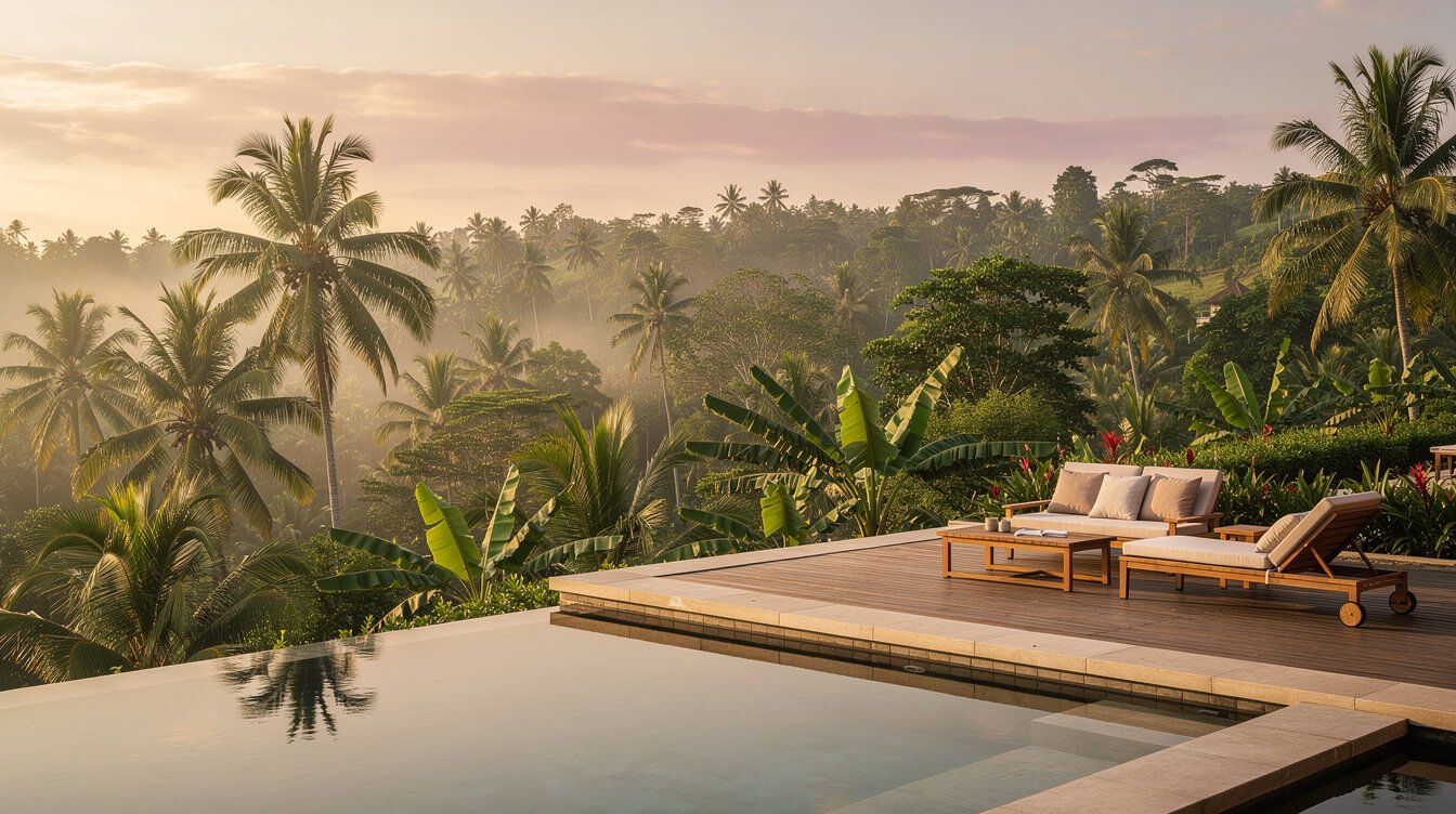 villa pool overlooking Ubud valley at sunrise