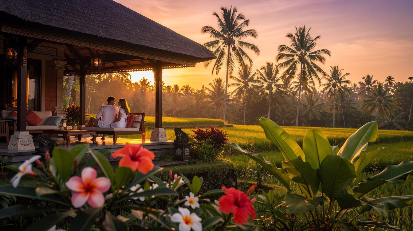 couple watching sunset from Ubud villa terrace