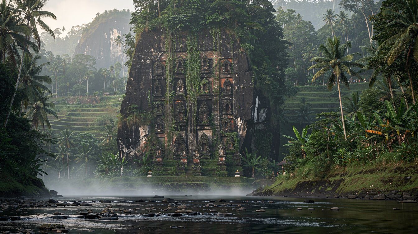 Ancient rock-carved temple shrines in Bali river valley