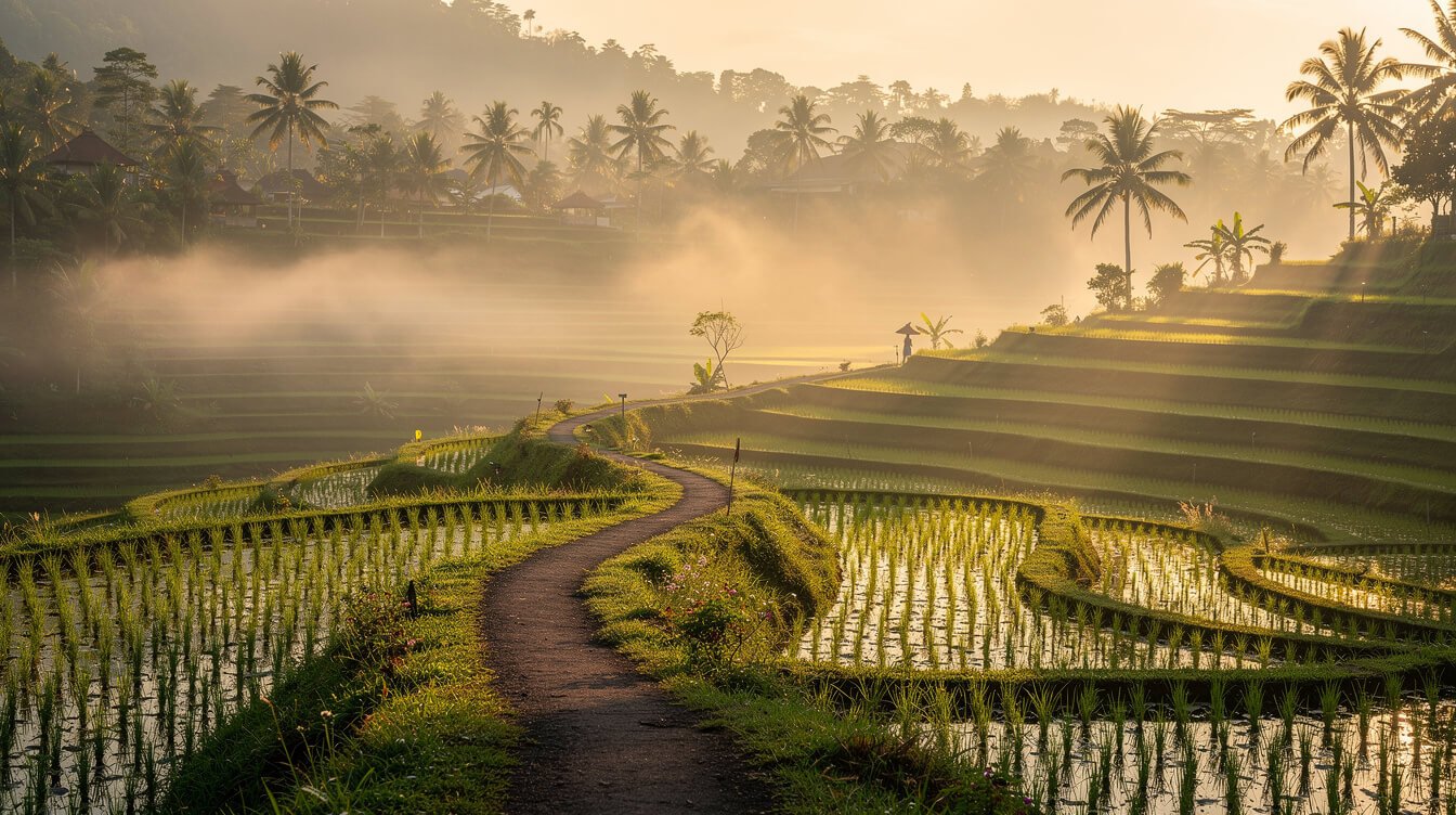 Warm morning mist over Ubud rice terraces