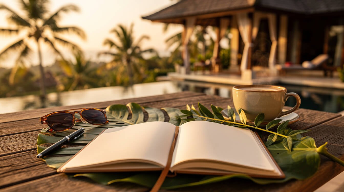 Travel journal on wooden table with tropical leaves