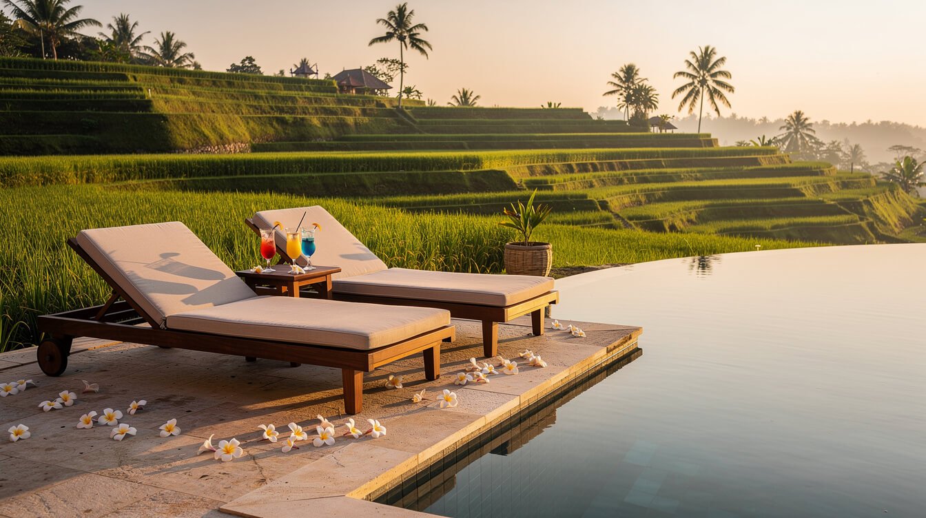 Private pool villa in Ubud Bali at sunset