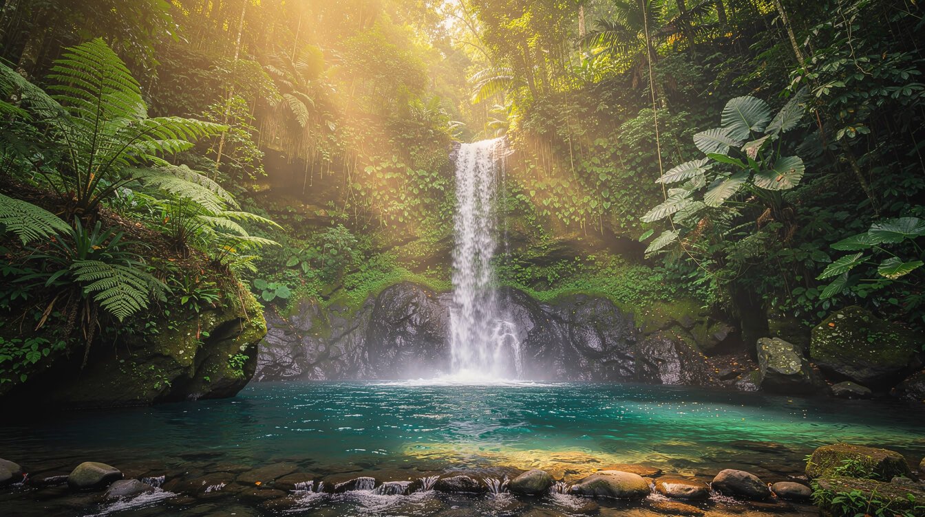 Bali jungle waterfall with turquoise pool