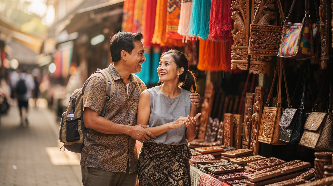 Warm interaction between vendor and traveler at Ubud craft market