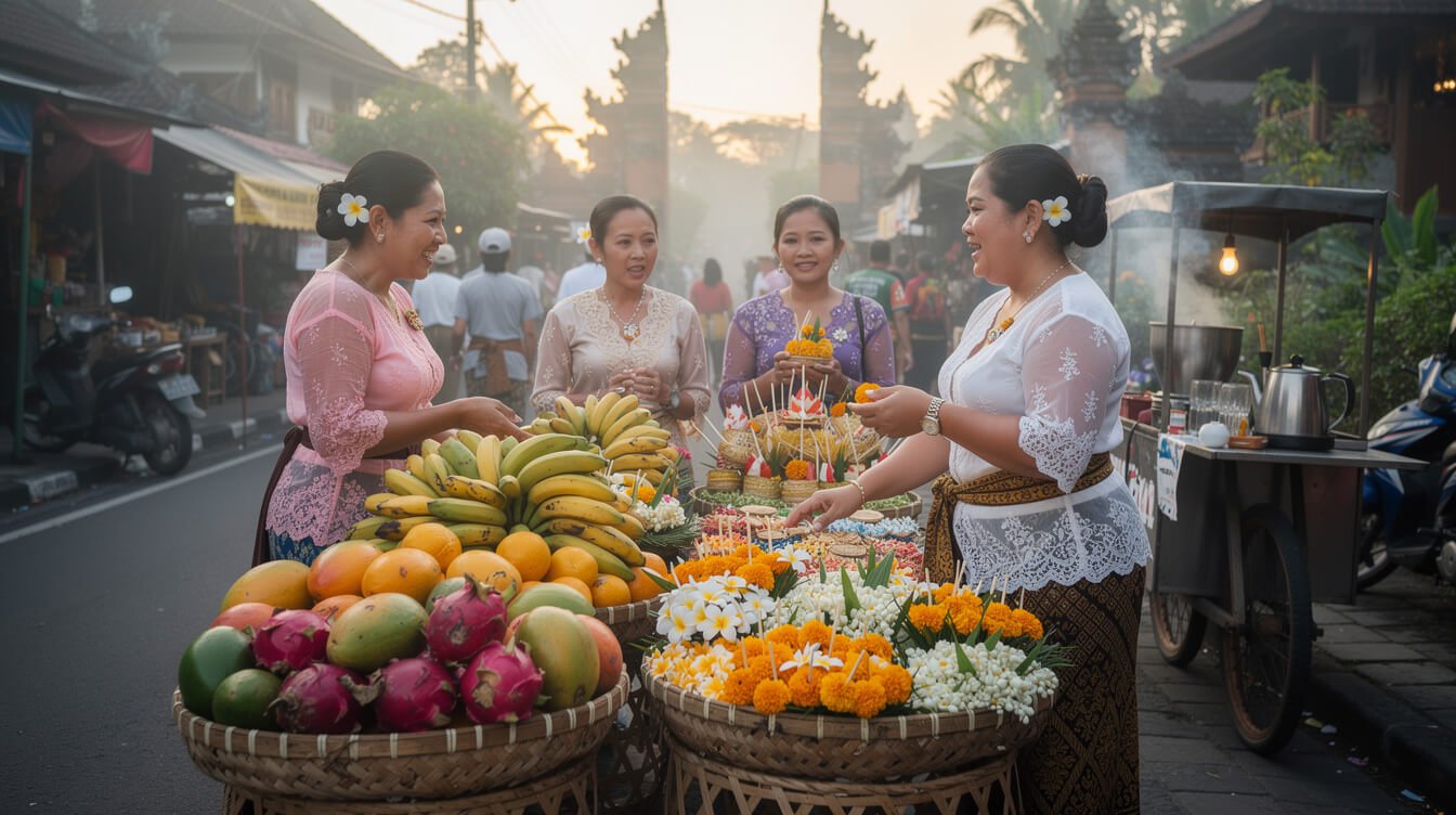 Ubud morning market with fresh tropical fruits and Balinese women