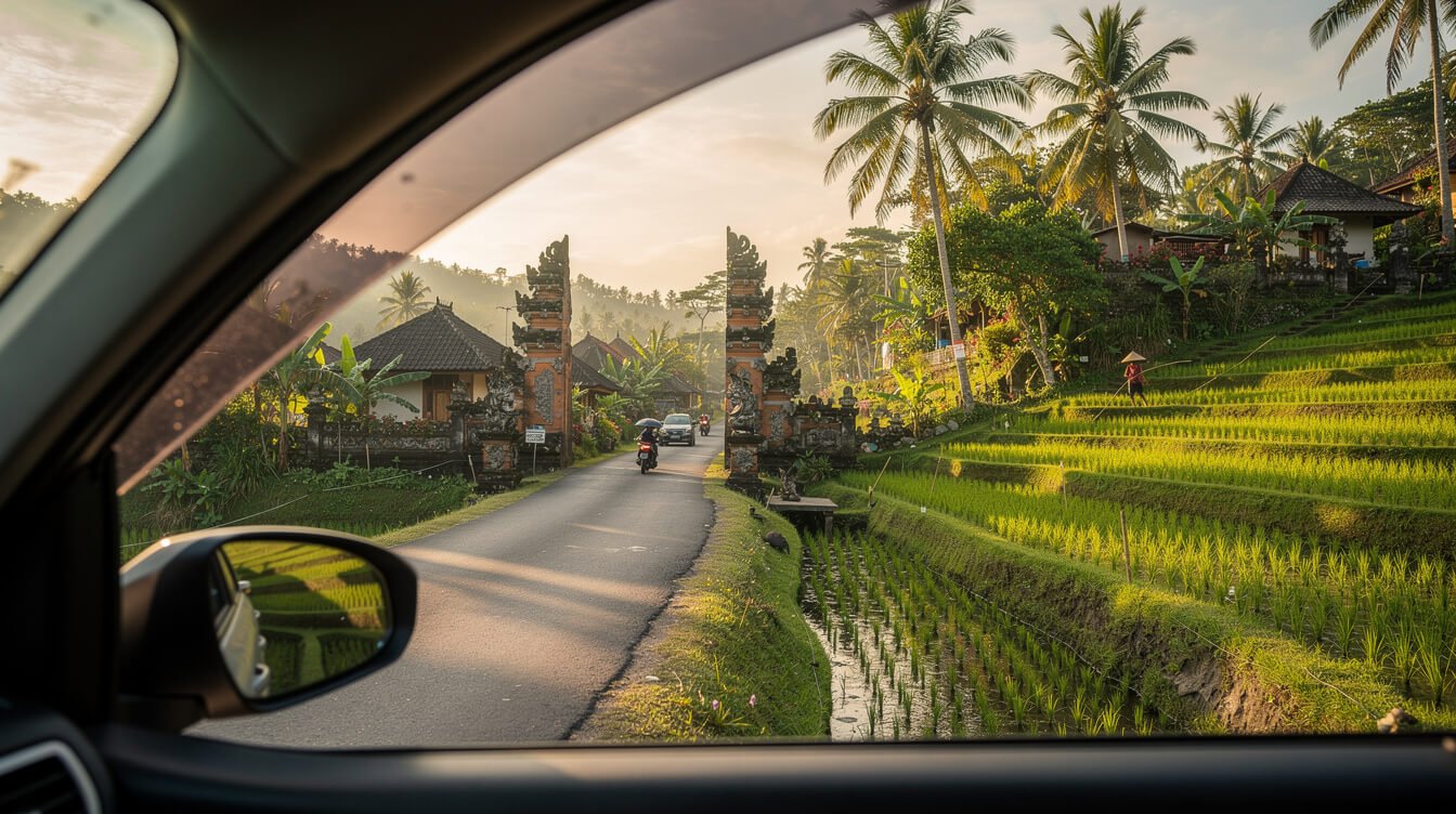 Scenic road to Ubud through Bali rice terraces