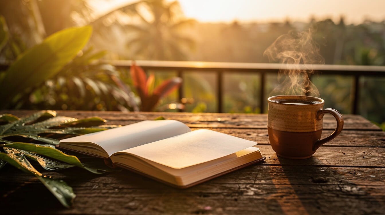 Open notebook with tropical leaves and Bali coffee