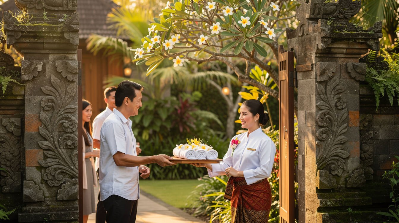 Warm welcome at a Balinese villa entrance