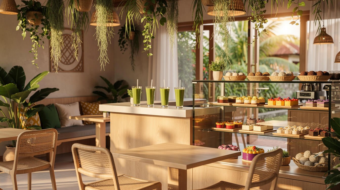Modern plant-based cafe interior in Ubud