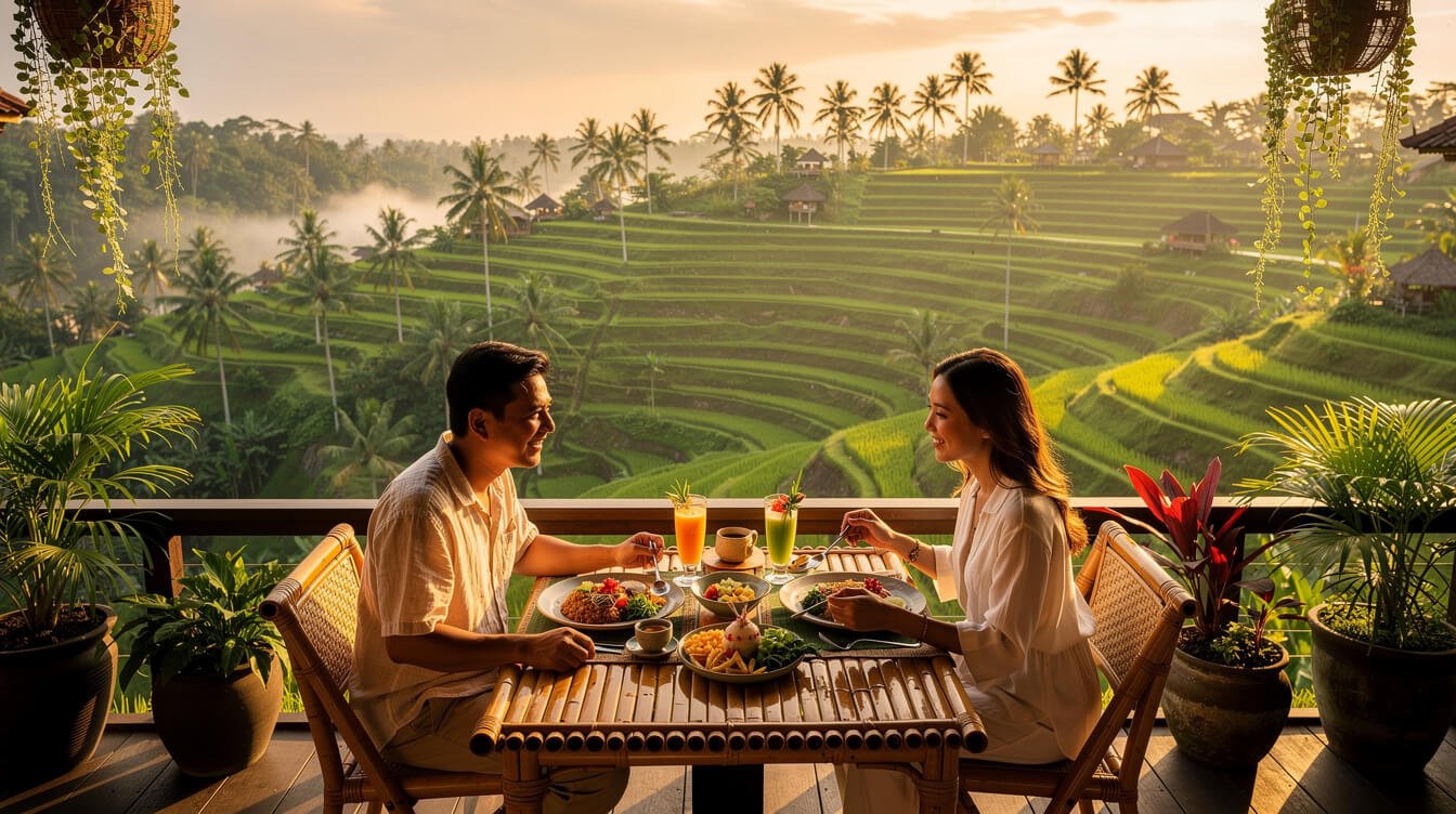 Rice terrace dining view from elevated restaurant deck in Ubud