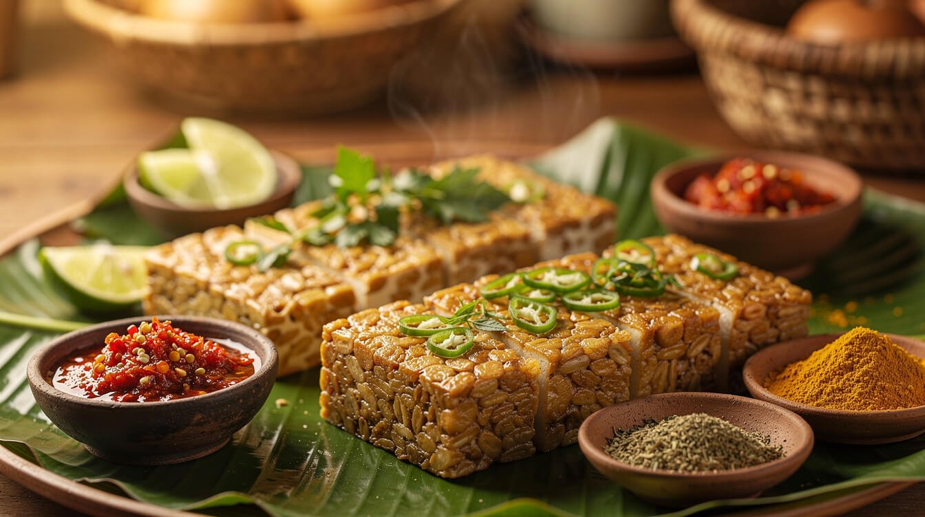 Indonesian tempeh and tofu dishes on banana leaves