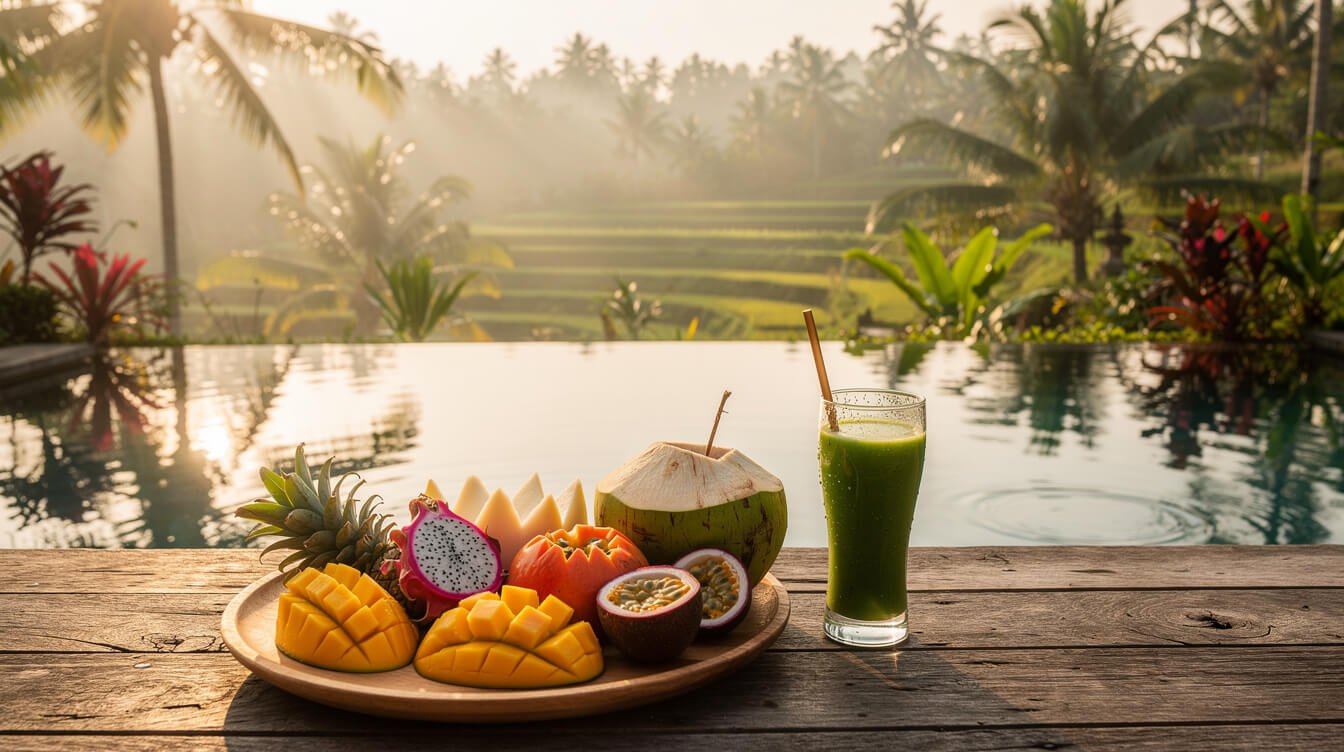Tropical fruit breakfast on a villa pool deck in Ubud