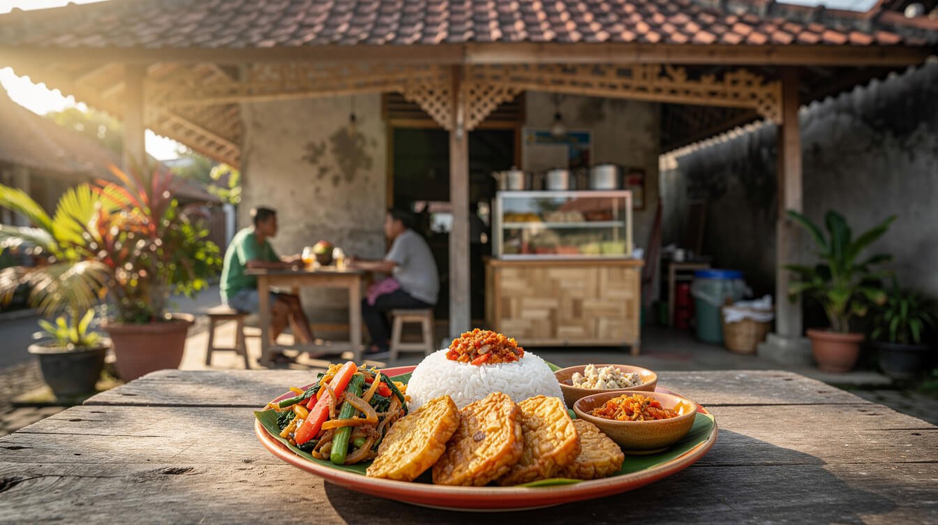 Traditional Balinese warung serving vegan nasi campur