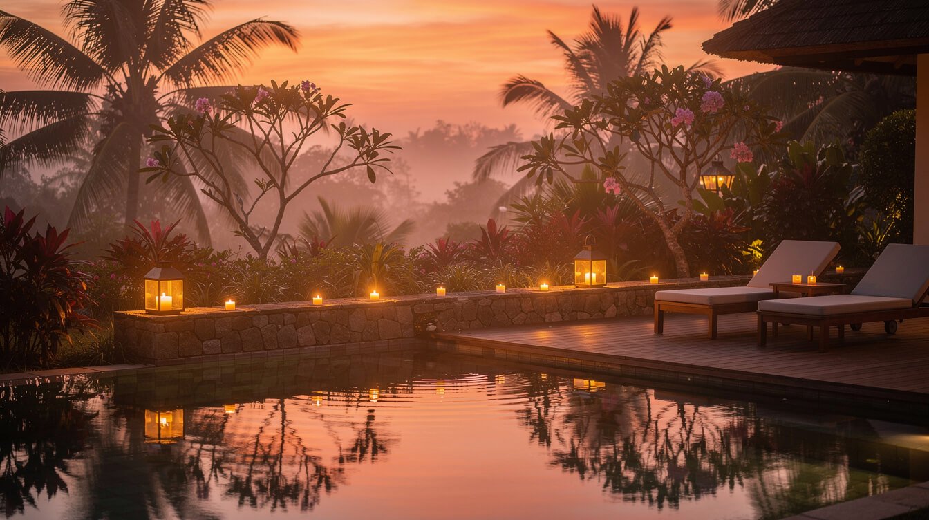 evening Bali villa pool deck with lanterns