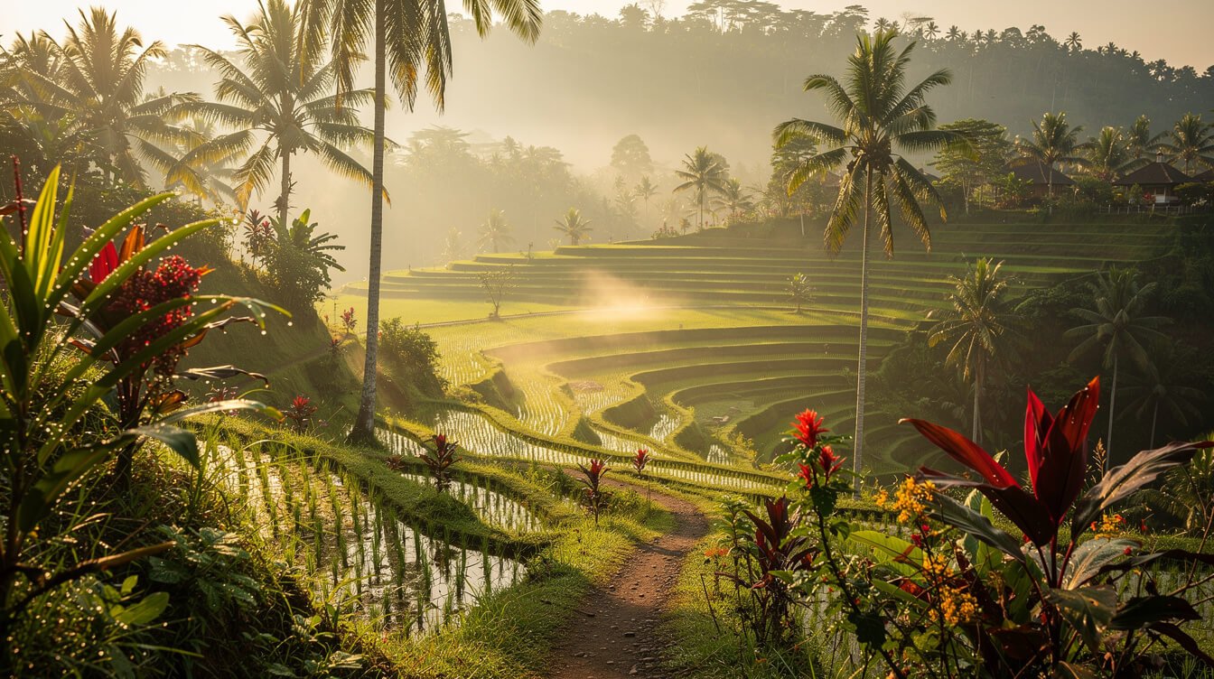 Ubud rice terraces morning mist