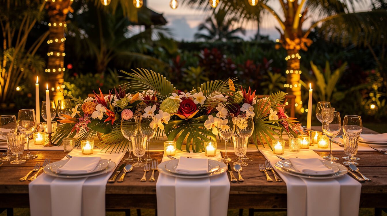 elegant wedding table setting with tropical flowers in Bali
