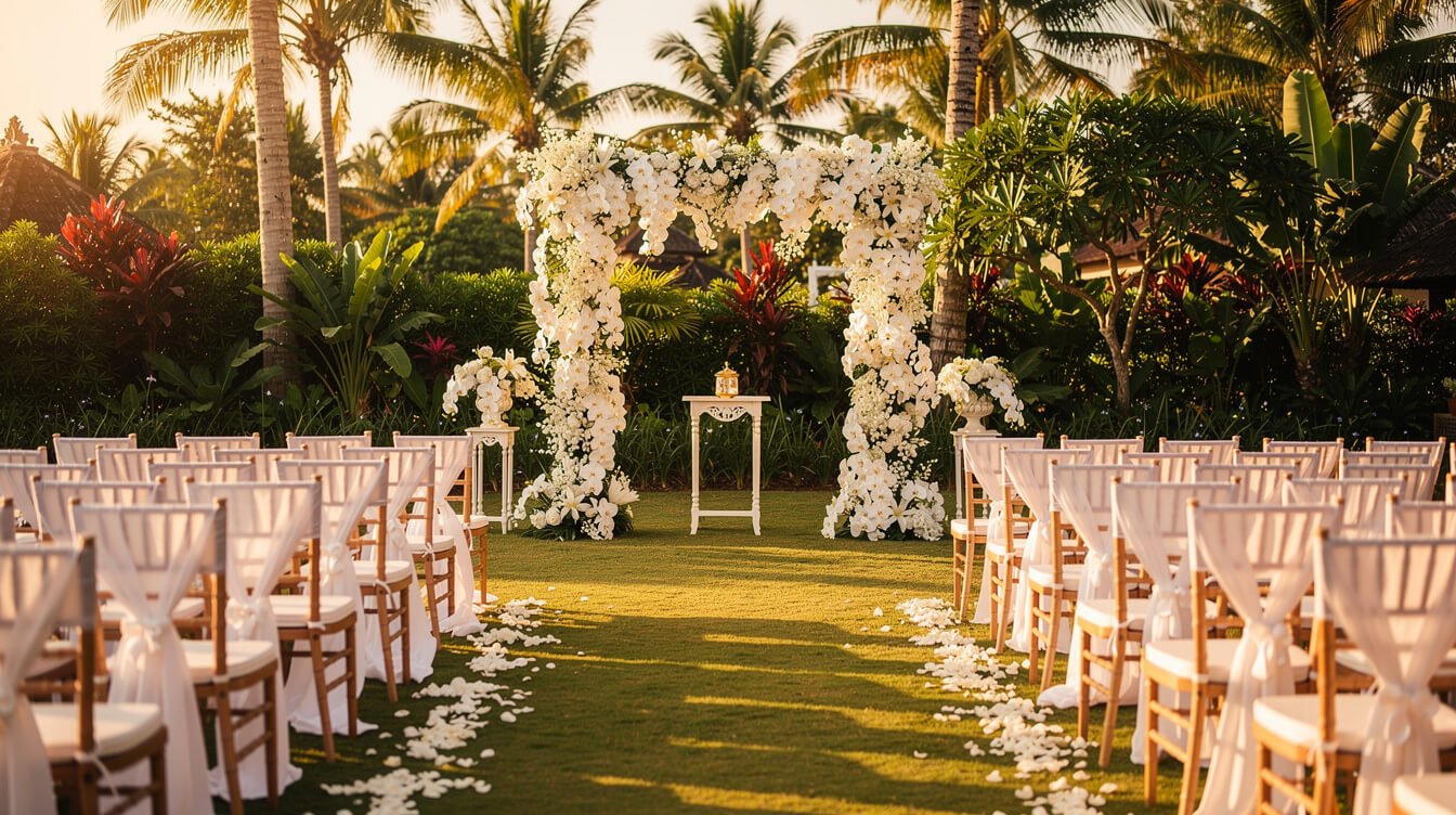 tropical wedding ceremony setup with floral arch in Bali