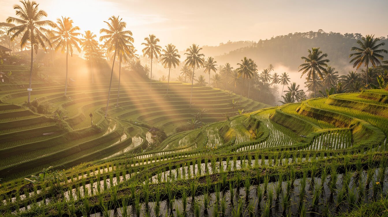 Ubud rice terraces sunrise morning mist