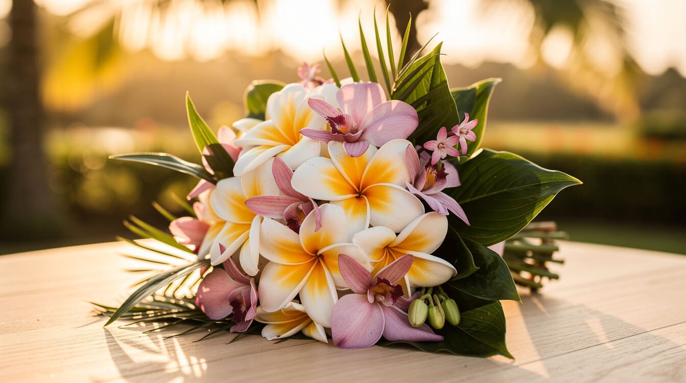 golden hour tropical wedding details with frangipani bouquet