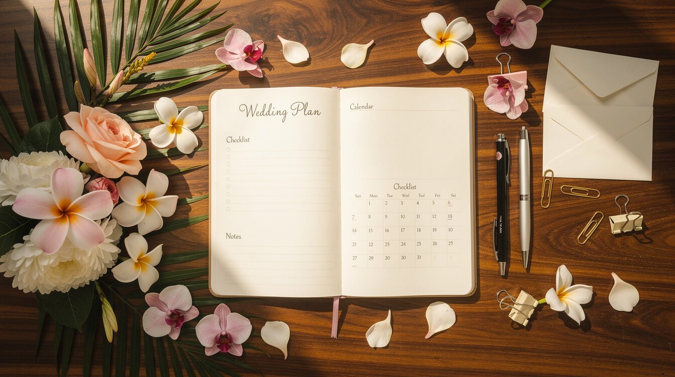 wedding planning details with tropical flowers on teak desk