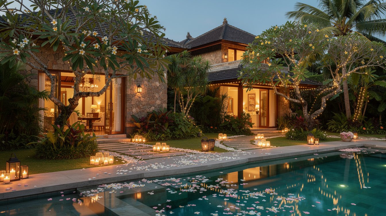 private villa garden in Ubud set up for intimate wedding celebration