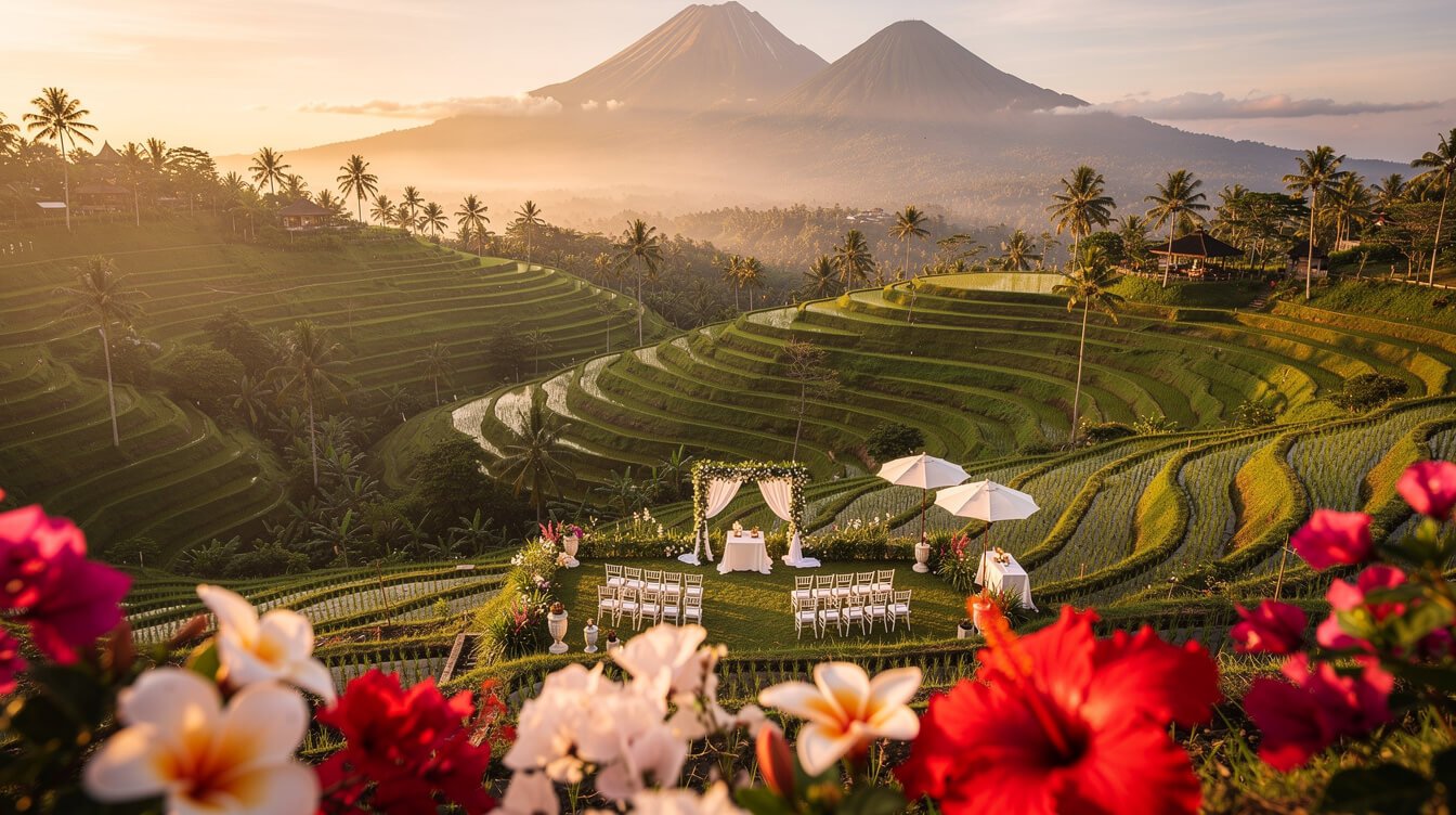 wedding in bali destination with rice terraces and tropical landscape